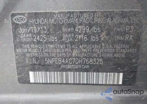 2013 Hyundai Sonata Gls from USA, damaged, VIN 5NPEB4AC7DH768325